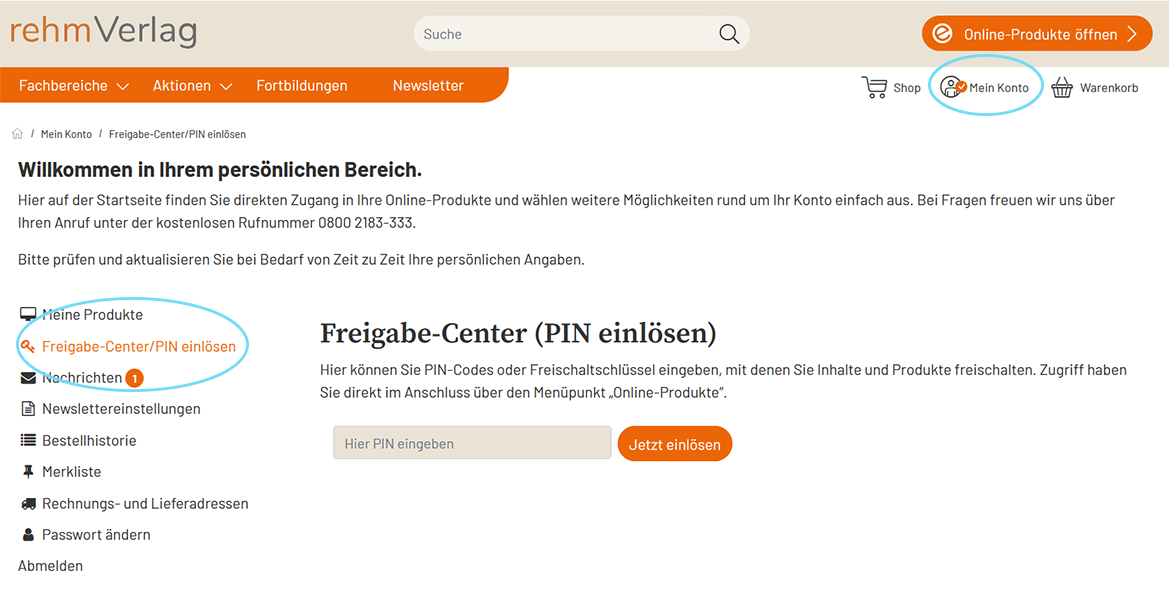 Bild Freigabe-Center/PIN einlösen